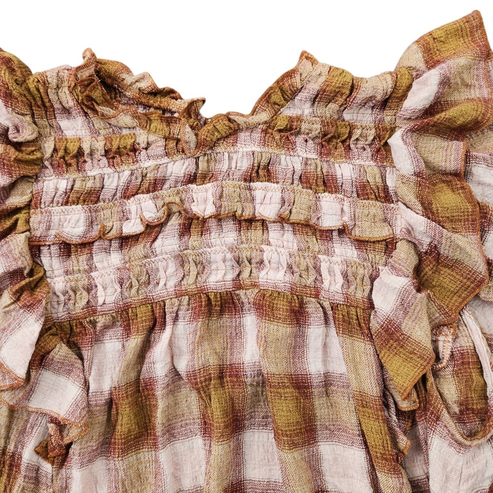 Free People Blush Plaid Smocked Ruffle Top Sz S NWT Boho Cottagecore - Picture 2 of 11
